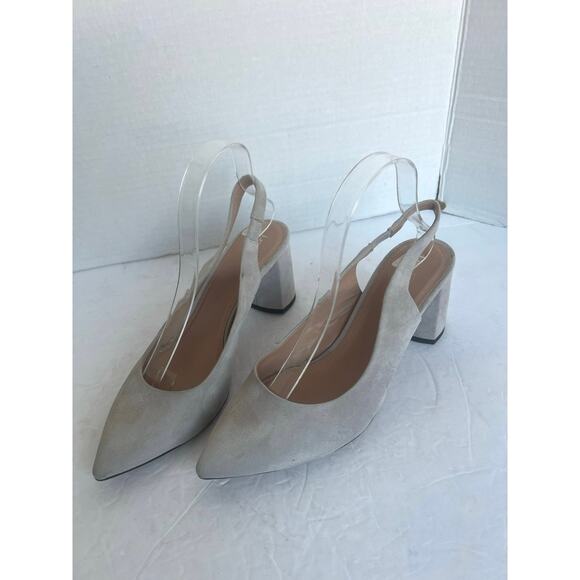 Lewit Suede Gray Leather Slingback Chunky Block Pointed Toe Pump Sandal Shoe 9.5 - Picture 1 of 12
